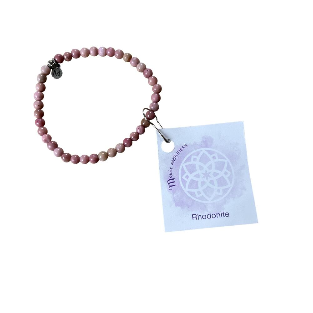 Moxie Malas Rhodonite Pink Gemstone Beaded Stretch Bracelet Womens Healing Yoga